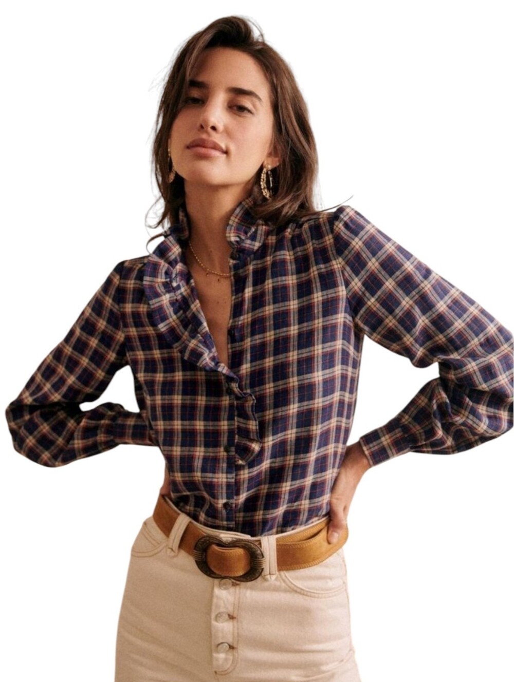Sezane Chlo Linen Blend Ruffle Collar Button Blouse Blue Red Plaid FR 40 (8 US)